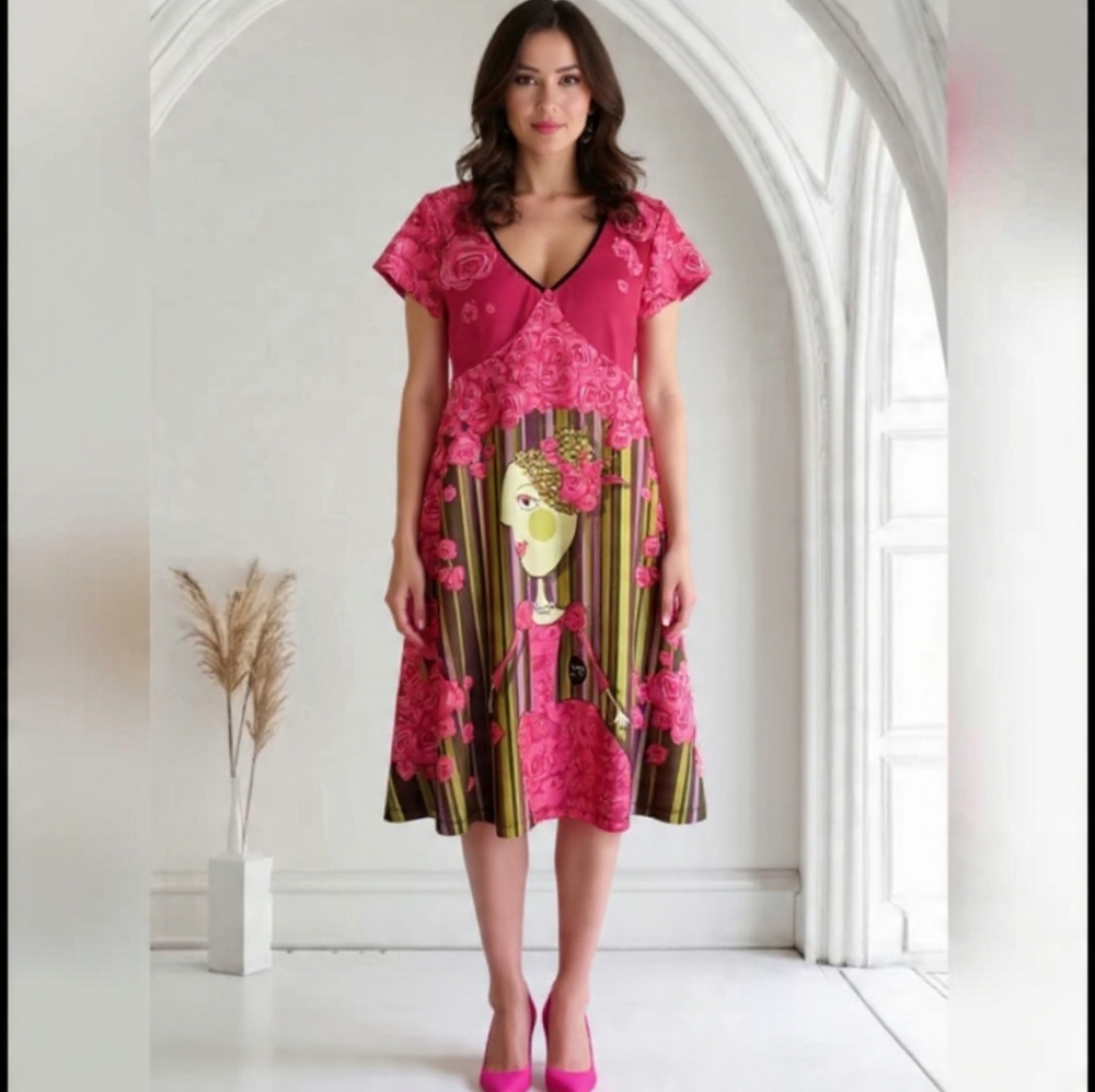 M💖Volt Design Unique Vibrant Pink Graphic Midi Dress